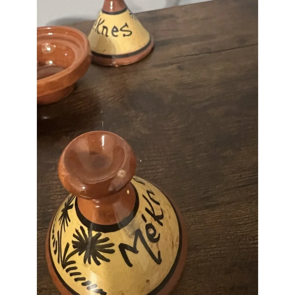 Vintage Pottery Three Spice Holder, Moroccan Tagine‎ Salt Pepper Cumin Curry